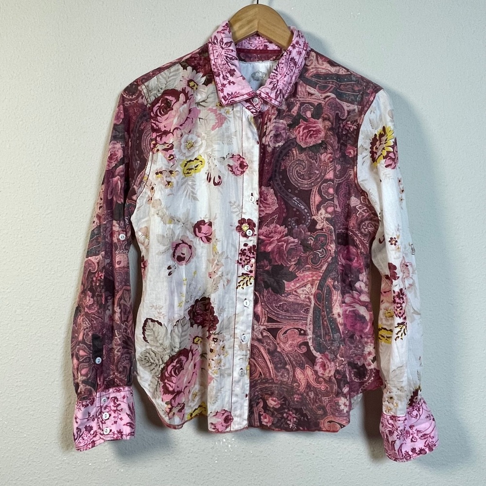 Cino Floral Paisley Mixed Print Button Down Shirt Womens MP Pink‎ Cotton Boho